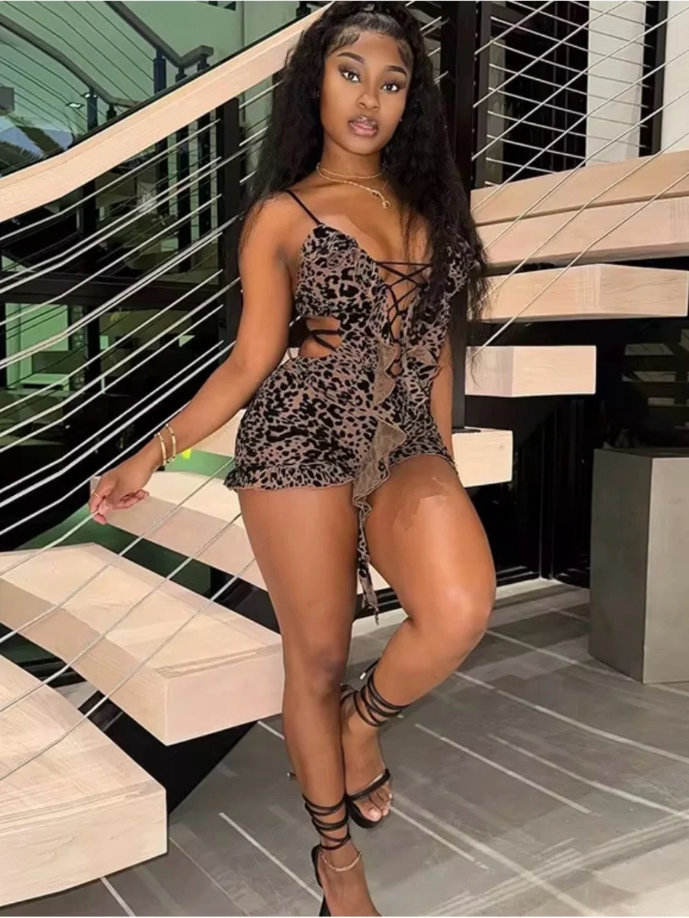 Leopard Lace-Up Mini Dress Romper - Brown/Black - Picture 2 of 4